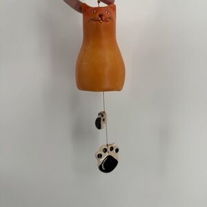 Clay Hand painted Orange Cat Figure‎ & Paws Wind Chime Hanging Decor 2 FT